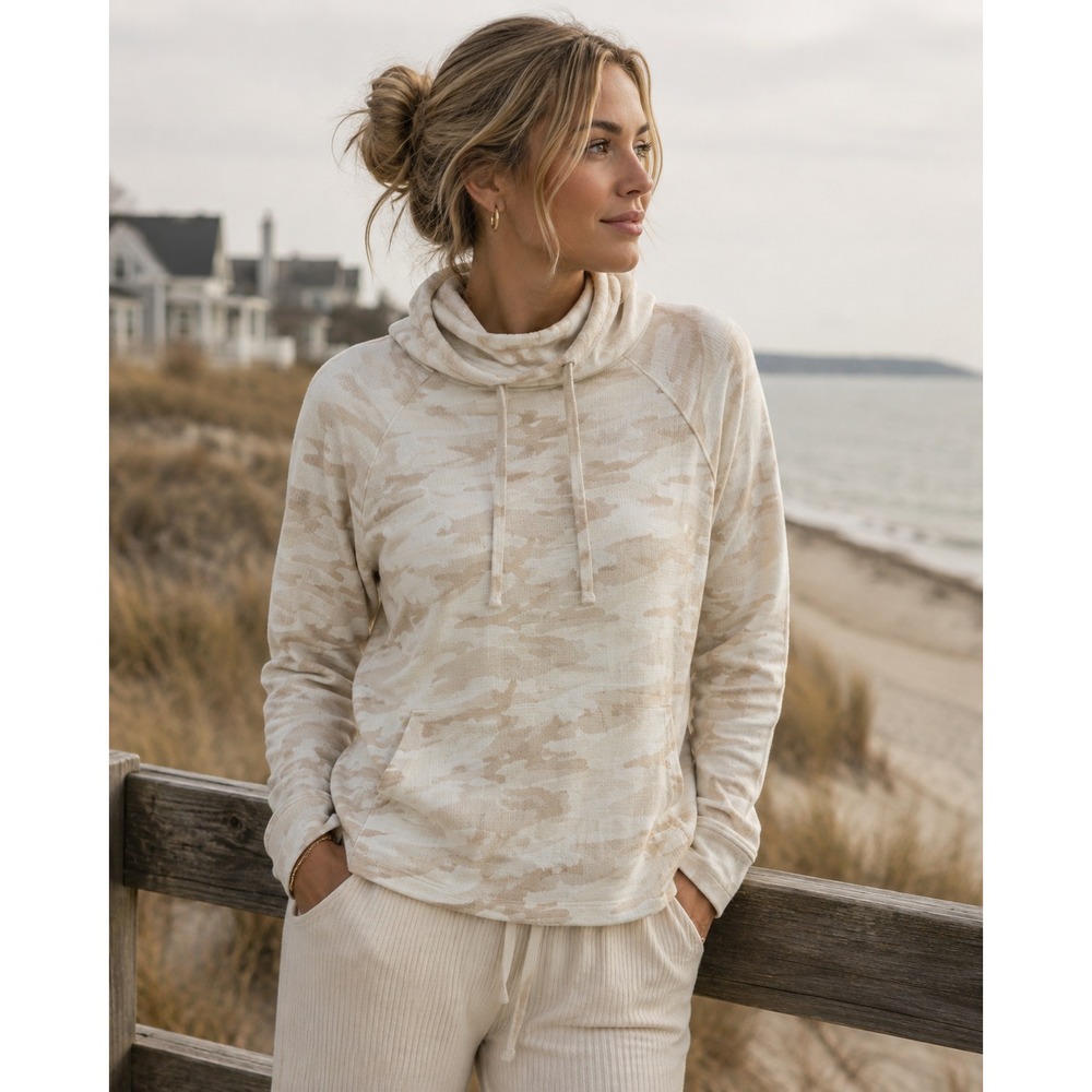 Vuori Beach Hoodie Bisque Camo Crop 100% Organic Cotton Women's S Cozy Coastal